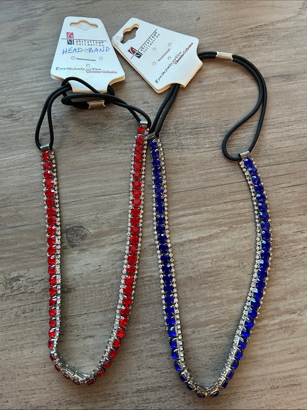 Set of two Rhinestone Trim Elastic Headbands - Red & Blue